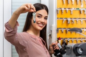 a woman holding keys in a locksmith shop