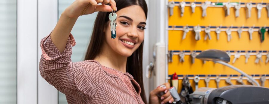 a woman holding keys in a locksmith shop