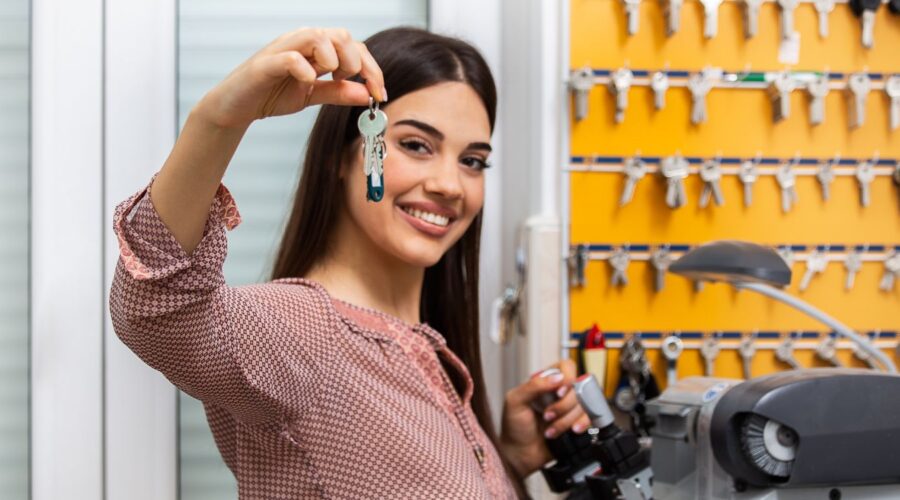 a woman holding keys in a locksmith shop