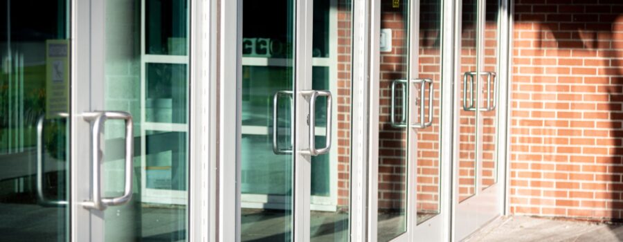 Exterior doors of a commercial building entrance