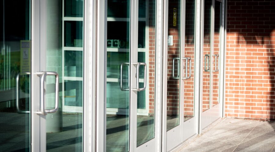 Exterior doors of a commercial building entrance
