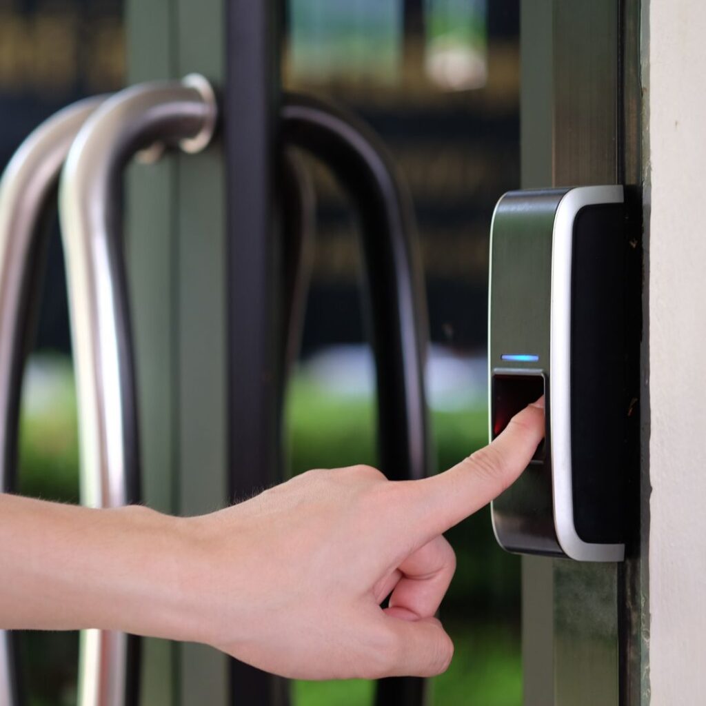 Biometric fingerprint lock on a door exterior