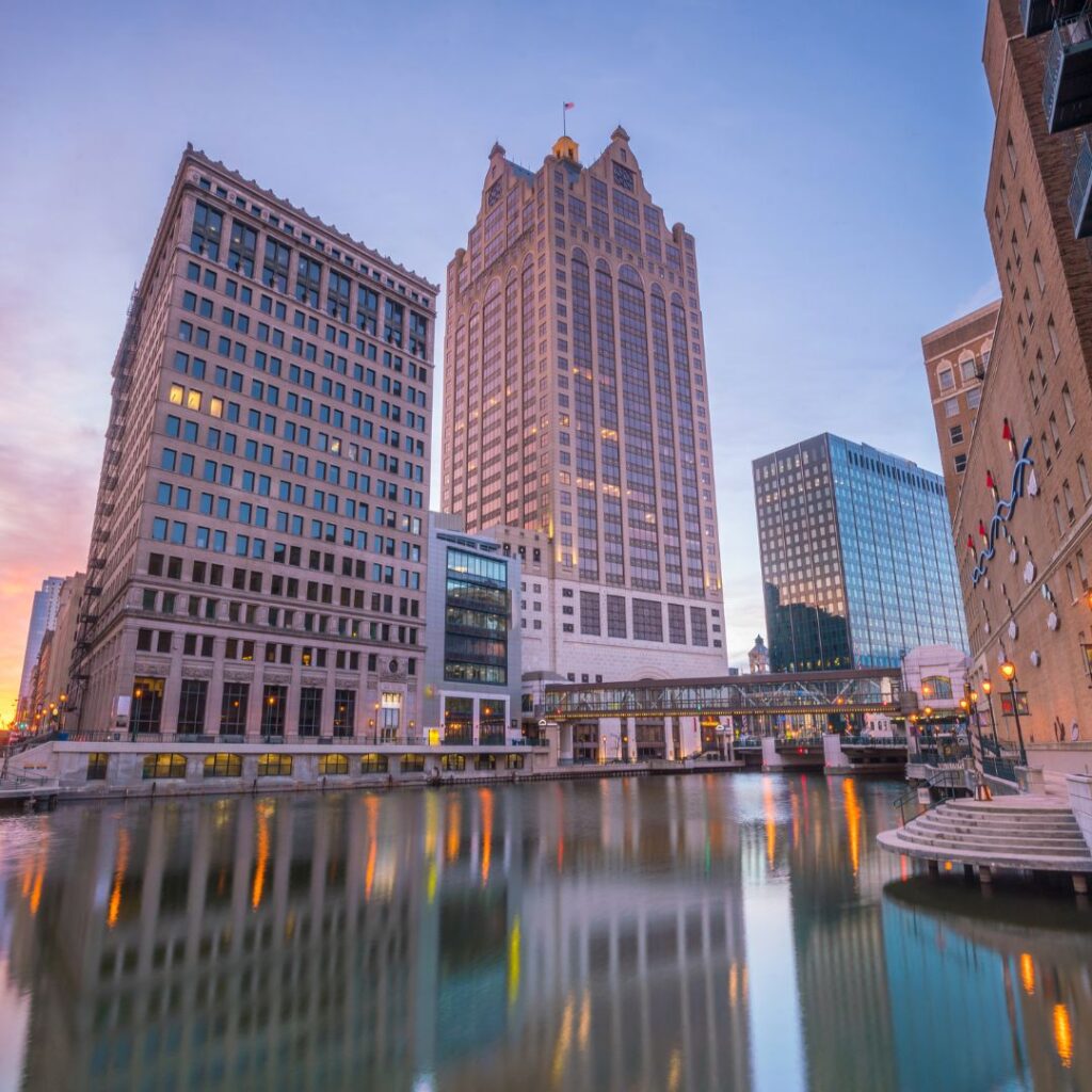 downtown Milwaukee at dusk