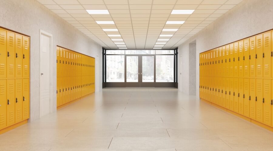 School hallway and entry doors