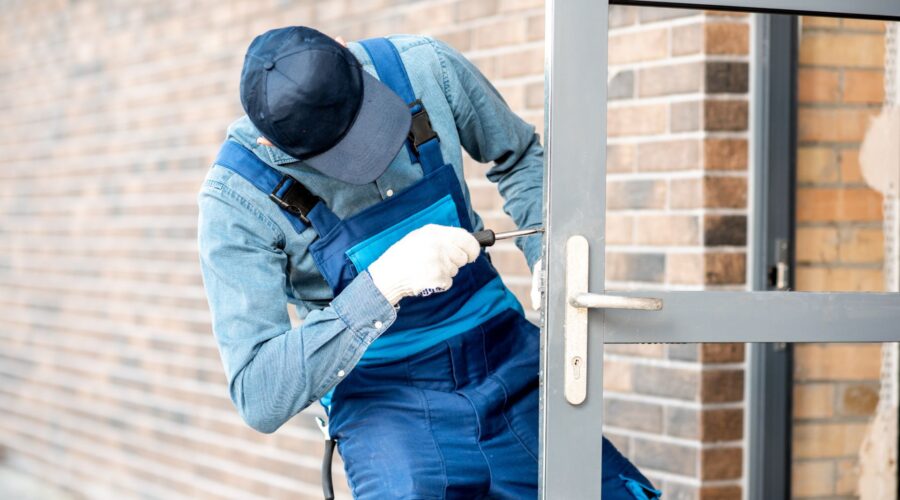 Technician repairing a door lock