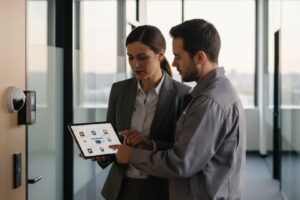 A female executive and a male technician discussing a security system interface displayed on a tablet next to a commercial door with an external access control reader.