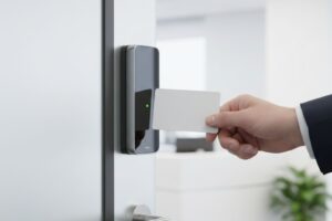 A person's hand in a suit jacket is shown holding an access card up to a sleek, modern card reader mounted on a white office door, with the office interior blurred in the background.