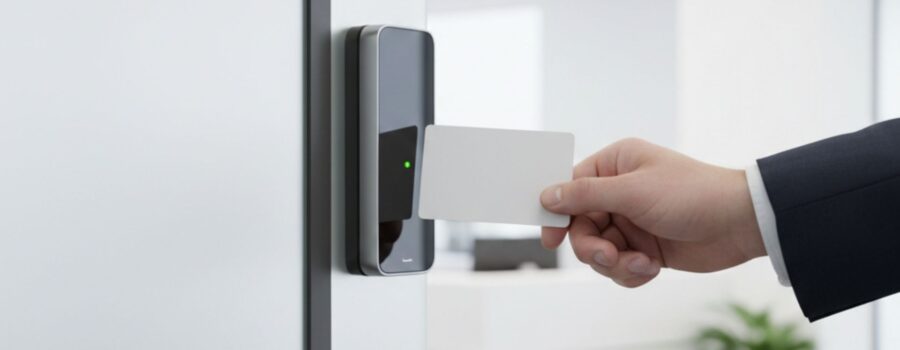 A person's hand in a suit jacket is shown holding an access card up to a sleek, modern card reader mounted on a white office door, with the office interior blurred in the background.