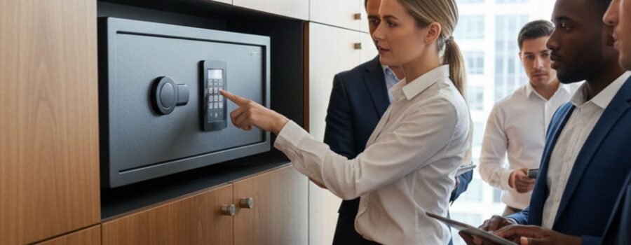 A group of diverse business professionals observes as a woman demonstrates the features of a modern electronic safe integrated into office cabinetry.