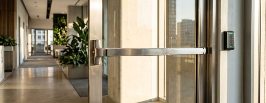 Modern commercial glass door featuring heavy-duty stainless steel push bars and a secure electronic card reader system.