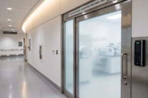 Modern laboratory door secured with advanced electronic card reader and keypad access control system.