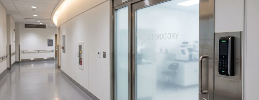 Modern laboratory door secured with advanced electronic card reader and keypad access control system.